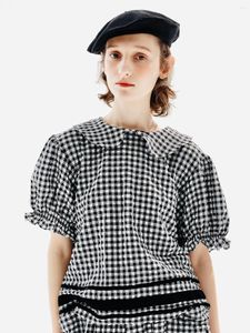 Blouses Femmes IMAKOKONI Design original Chemise à manches courtes à carreaux noirs et blancs Été à lacets Mode Casual Top pour les femmes 234187