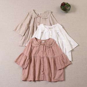 Damesblouses Japanse Sen Age Reductie Dubbellaags Doll Neck Volledig geborduurd shirt Los en veelzijdig Vest met 3/4 mouwen Top Nieuwe zomer