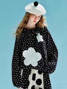 Blouses voor dames Imakokoni Origineel ontwerp Long-mouwen Round Neck Pullover T-shirt Polka Dot Flower Print Lotus Collar Shirt Women's