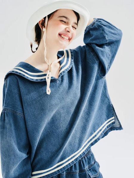 IMAKOKONI – chemisiers pour femmes, Design Original, col rond, pull à manches longues, chemise en Denim rayé bleu, T-shirt ample décontracté 234216
