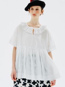 Dames Blouses Imakokoni Wit Korte Mouw Geplooide Zoom Pop Kraag Shirt Zomer Japanse Niche 234185