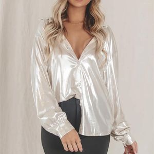 Blouses Femmes Imcute Chemisier métallique brillant pour femmes à manches longues col en V chemises boutonnées haut décontracté lâche brillant Disco Party Club Wear