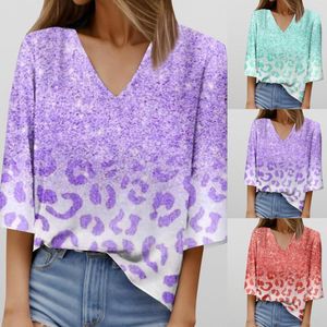 Blusas Femininas Imitação de Lantejoulas Estampa de Leopardo Soltas Blusa Feminina Moda Tie-Dye Decote em V Meia Manga Camisas Casuais 2023 Tops Grandes