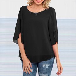 Blouses voor dames in plus -size voor vrouwen mode losse half gesplitste mouwen dubbele laag top chiffon crew nek shirt spandex t