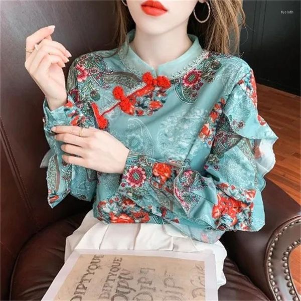 Blusas de mujer en primavera y otoño de 2023 de manga larga estilo chino Floral hebilla Retro con volantes moda Niche Chic Top Girl