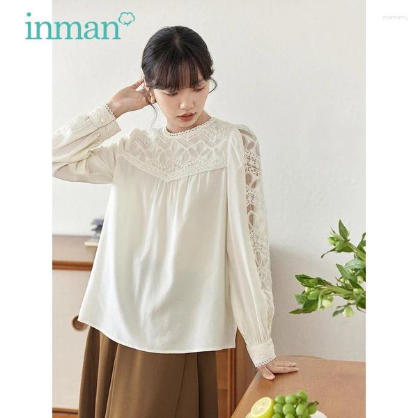 Blusas de mujer INMAN blusa de mujer 2024 otoño manga larga encaje cuello redondo camisa suelta bordado hueco francés romántico blanco Tops