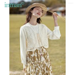 Women's Blouses Inman Women Two Piech Shirt en Vest 2024 Herfst lange mouw o nek losse pastorale stijl literatuur kunst beige tops