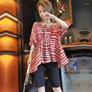 Women's Blouses onregelmatige losse Koreaanse stijl blouse top zomer dames temperament gestreepte shirt casual vleermuis mouw ronde nek chiffon