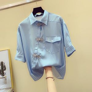 Women's Blouses onregelmatige pocket vrouwen shirts 2023 zomer blauwe strepen afslag kraag vintage Chinese stijl dame elegante tops