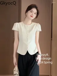 Dames blouses iyundo Koreaanse chique vrouwen zomer tops o nek bladerdeeg huls single row knoppen slanke korte blouse abrikoos vrouwelijke kleding