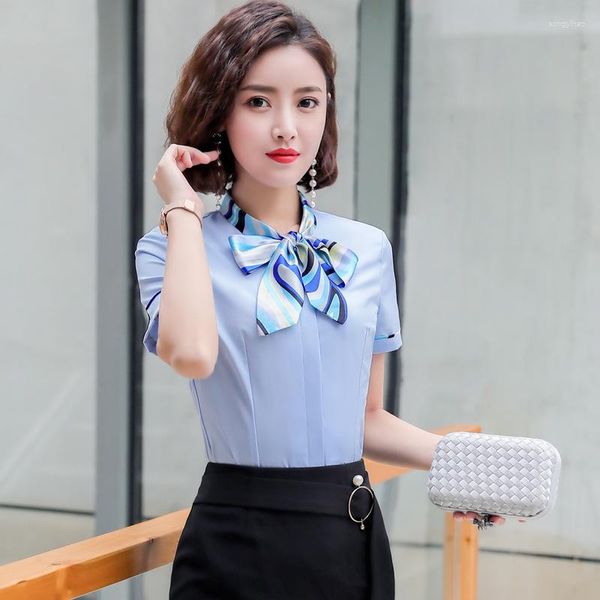 Blouses pour femmes IZICFLY Summer Bow Style Chemises bleues pour femmes Entretien de bureau formel OL Slim Top Mode élégante Dames Vêtements de travail