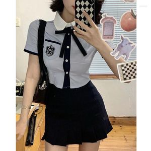 Chemisiers pour femmes Japon Coréen Étudiant JK Uniforme Scolaire D'été Doux Vintage Jolies Filles Bleu Marine Noeud Papillon Mince Bandage Chemise Blouse Tops