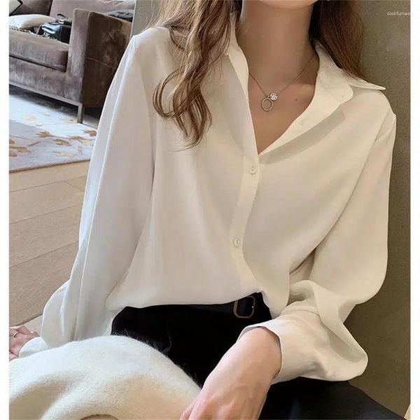 Blouses pour femmes japon Style coréen Deisgn mode blanc bureau femme revers à manches longues en mousseline de soie chemises élégant Chic haut femme vêtements