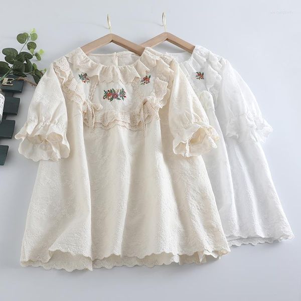 Chemisiers pour femmes Style japonais Mori Girl col en dentelle à manches courtes chemise de poupée femme brodé princesse Cottage coton Blouse haut pour femme