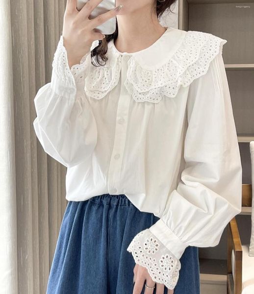 Blouses pour femmes Japon Style Mori Girl Dentelle Brodée Col Peterpan Chemise En Coton Femme Casual Lâche Large Bas Poupée Camisa Feminina