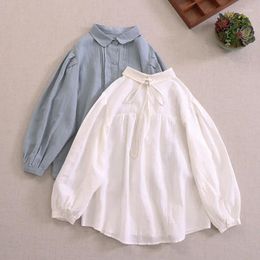 Blouses des femmes Style Japon Mori Girl Retro Cotton Linen Blouse Shirt Loose Femmes Fémir baissez le col Lanterne à manches