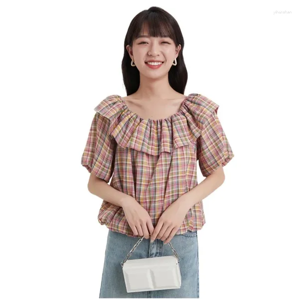 Blusas de mujer estilo japonés blusa de mujer 2023 verano manga abombada cuello con volantes camisas sueltas a cuadros de algodón ligero suave lindo Chic Tops