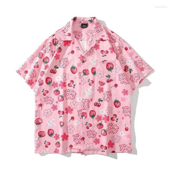 Chemisiers pour femmes Japonais Plage Fruits Cerise Fraise Complet Imprimé Boutonné Chemise Femme Blouse À Manches Courtes Décontracté Chemises Hawaïennes D'été