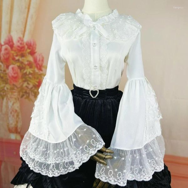 Blusas de mujer Camisas estilo lolita gótica japonesa Mujeres Vintage Elegante Encaje Bordado Cuello con volantes Tops delgados Manga acampanada victoriana