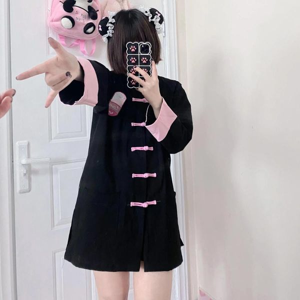 Blouses pour femmes Japonais Harajuku Filles Style chinois Boucle Col montant Brodé Noir Rose Chemises mignonnes Veste Kawaii Femmes Vêtements