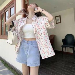 Blouses voor dames Japanse Hong Kong Style Chic Full Print Short Sheeved Floral Shirt For Men and Women in Summer Cute Top Jacket 2024