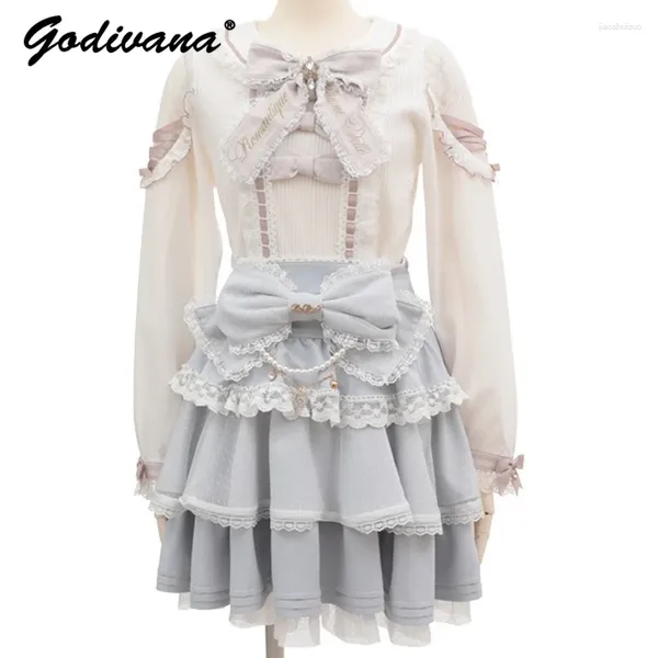 Blouses pour femmes Japonais Liz Mine produit en série dentelle épissage tricots nœud brodé couleur ruban assorti chemisier à manches longues Lolita