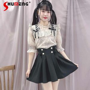 Blouses de femmes Japonais Lolita Blouse femme 2024 Été Mine Sweet Girl Lace Knot Short Shirt Shirt Coupte Couvures pour femmes