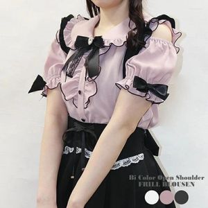 Damesblouses Japanse Lolita Kant Elegant Casual Shirt Voor Dames Zomer Korte mouw Strik Off-the-shoulder Leuke Zoete Vrouwen Tops