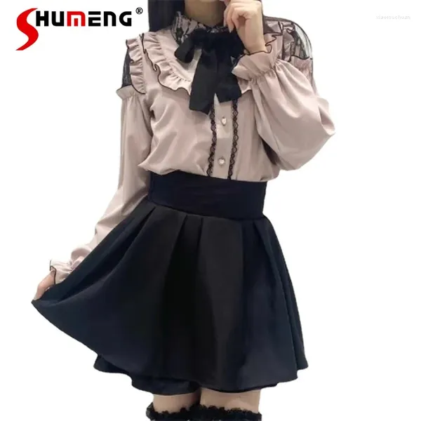 Blouses de femmes Japonais Lolita Mine à lacets à épaules éteintes mignonnes mignonnes à manches longues blanches Rose rose seul poitrine de semestre pour vêtements