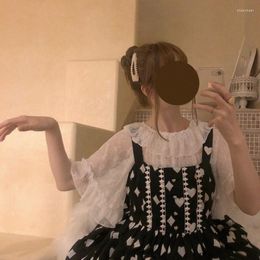 Chemisiers pour femmes Style Lolita japonais été femmes chemise mignonne col à volants blanc noir rose évider chemisier en maille Kawaii Floral dentelle Crop