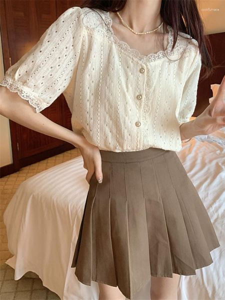 Blusas de mujer estilo japonés lolita dulce chica encaje camisa superior suave linda mujer borde de malla cuello cuadrado elegante botón cardigan blusa