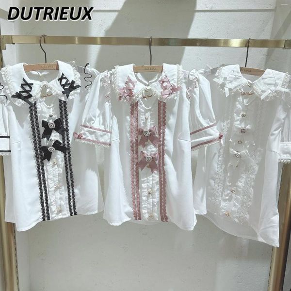 Blusas de mujer Mina japonesa Producida en masa Chica suave Cuello de muñeca ahuecado Camisa de gasa de encaje con lazo Top de manga corta para niñas dulces y lindas de verano