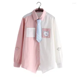 Camicette da donna Camicetta Kawaii stile preppy giapponese Ragazze adolescenti Top Simpatico orsetto Stampa Manica lunga Uniforme scolastica Abbottonatura Cravatta sul davanti Rosa