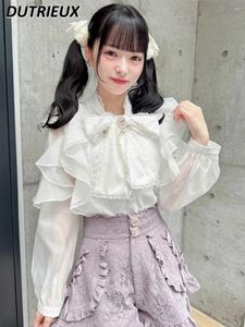 Blouses pour femmes japonais rojita mignonne filles blouse gros arc transparent couleur solide mine mine de base de base sweet lanterne à manches longues