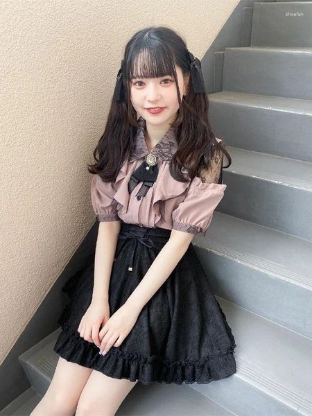 Blouses Femmes Japonais Rojita Hors-épaule Dentelle Couture Perle Strass Chemise Femmes Printemps Été Doux Lolita Bow Blouse À Manches Courtes