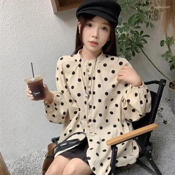 Blouses Femmes Japonais Stand Col Polka Dot Chemise Femmes Top Automne Lait Doux Doux Filles Paresseux Lâche Blouse À Manches Longues Vêtements