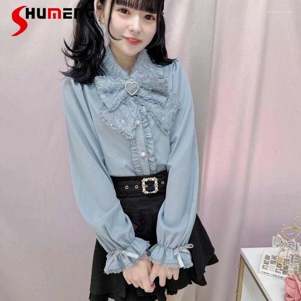 Blouses pour femmes Style japonais Lolita Ruban Bow Chemise pour femmes 2024 Printemps Doux Mignon Mine Série Production de masse Dentelle Plissage