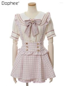 Blusas de Mujer Estilo japonés Lolita Camisa de Manga Corta con Lazo Linda Cinta de Encaje Plisado Serie Mine Producción en Masa Top Blusa Dulce para Mujer