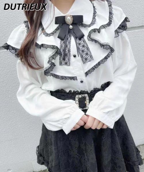 Blouses pour femmes Style japonais Rojita Lolita Mine Chemise en dentelle à épaules dénudées à volants Printemps Automne Doux Filles mignonnes Hauts à manches longues avec nœud