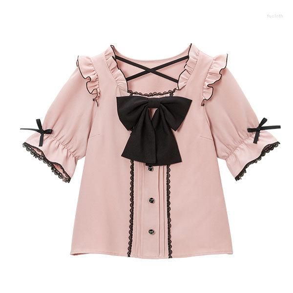 Chemisiers pour femmes Style japonais Rojita Chemise Femmes Élégant Doux Arc Conception À Volants Couture À Manches Courtes Blouse 2023 Été Jeune Fille Tops