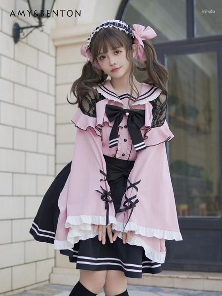 Blusas para mujeres japonesa dulce lindo marinero collar manga blusa mina de encaje producido en masa camisa volcada kawaii lolita