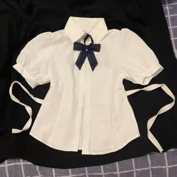 Blusas de Mujer japonesas con cuello de solapa, camisas blancas para Mujer, Blusas ajustadas estilo Grunge Jk Y2k E-Girl de manga corta con cordones para Mujer