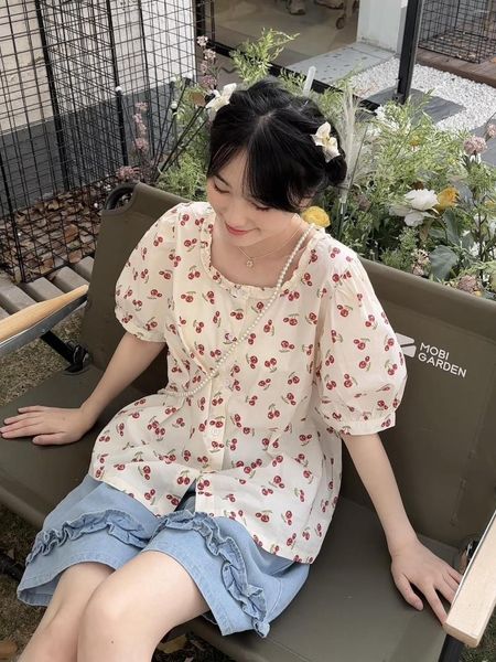 Blusas de mujer Blusa de manga corta con estampado de cerezas de cuello redondo dulce japonés Blusa de verano