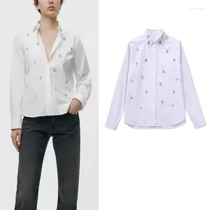 Blouses Femmes Jewel Poplin Chemises pour femmes élégant revers à manches longues blanc haut 2023 mode bureau dames boutonné chemise ajustée