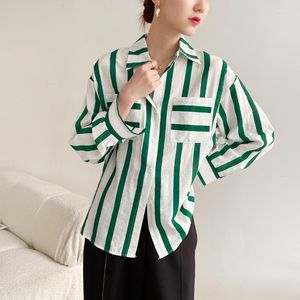 Women's Blouses JMPRS Elegante gestreepte vrouwen shirts Green Loose Fall Lange Mouw Button Ups Tops ontworpen Pocket Fashion Ladies