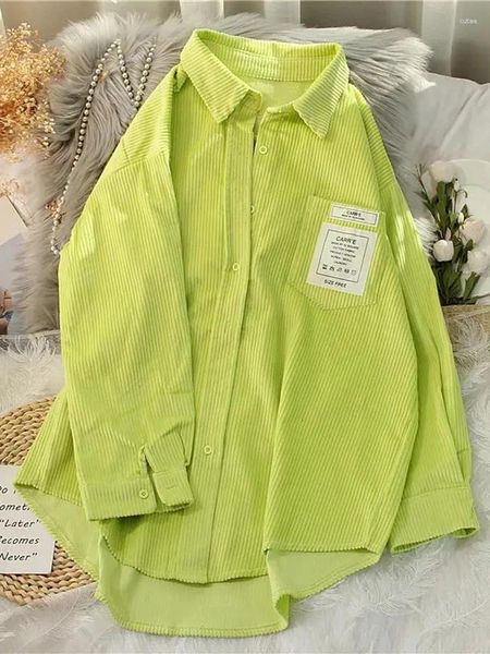 Blouses Femmes JMPRS Oversize Femmes Chemise en velours côtelé Lettre de mode Couleur fluorescente Manches longues Chemises d'automne Bouton en vrac Tops féminins