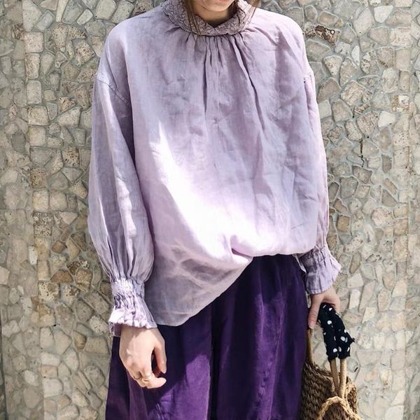 Blouses pour femmes Johnature 2023 automne japonais vintage dentelle revers lin chemises à manches longues femmes bouton arrière lâche