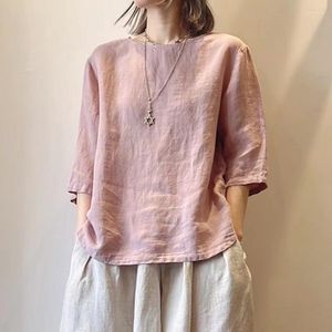 Vrouwen Blouses Johnature 2023 Vintage Eenvoudige Trui Japanse Shirts Zomer Effen Kleur Veelzijdige Losse Zevenkwart Mouw Vrouwen Tops