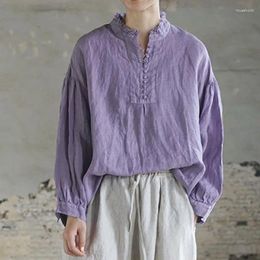 Blusas de mujer Johnature 2024 otoño algodón lino soporte botón manga larga camisas irregulares suelta ocio moda todo fósforo mujeres Tops
