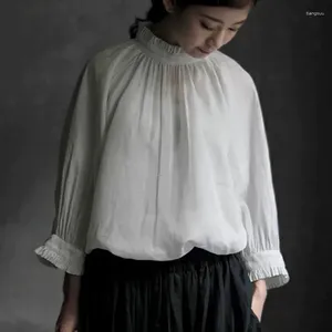 Blouses pour femmes Johnature 2024 Automne Linge Oreilles Col Simple Élégant Japonais Quarter-manches Chemises Mori Casual Rayé Femmes